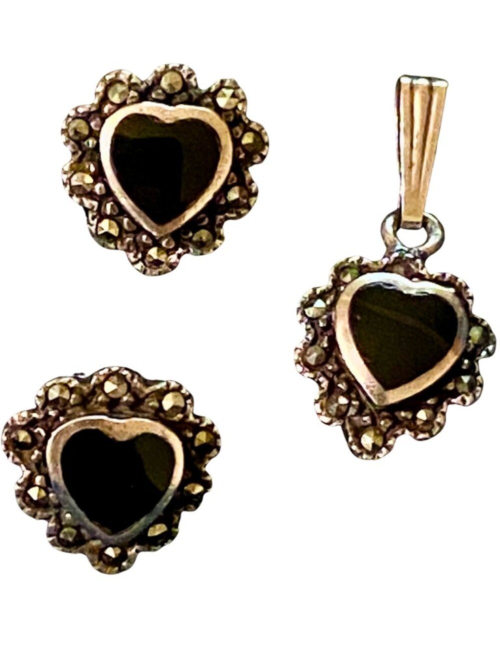 Vintage 925 Sterling Silver Marcasite Heart Earrings & Pendant Set